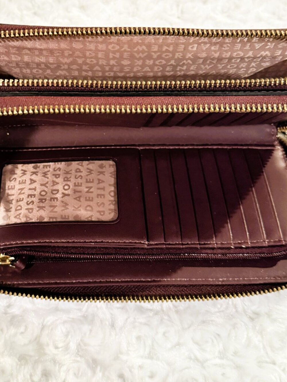 Kate Spade New York Double Zip Wristlet Wallet Burgandy Pebble Leather - Picture 6 of 11